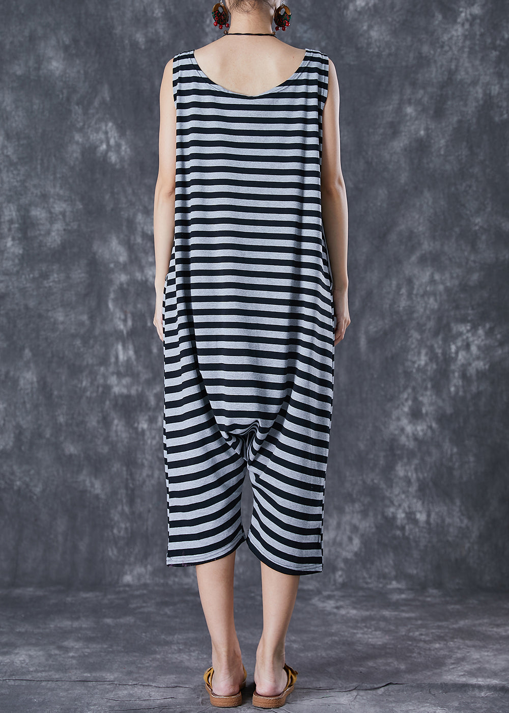 Modern Grey O-Neck Striped Cotton Overalls Jumpsuit Sleeveless LY7096