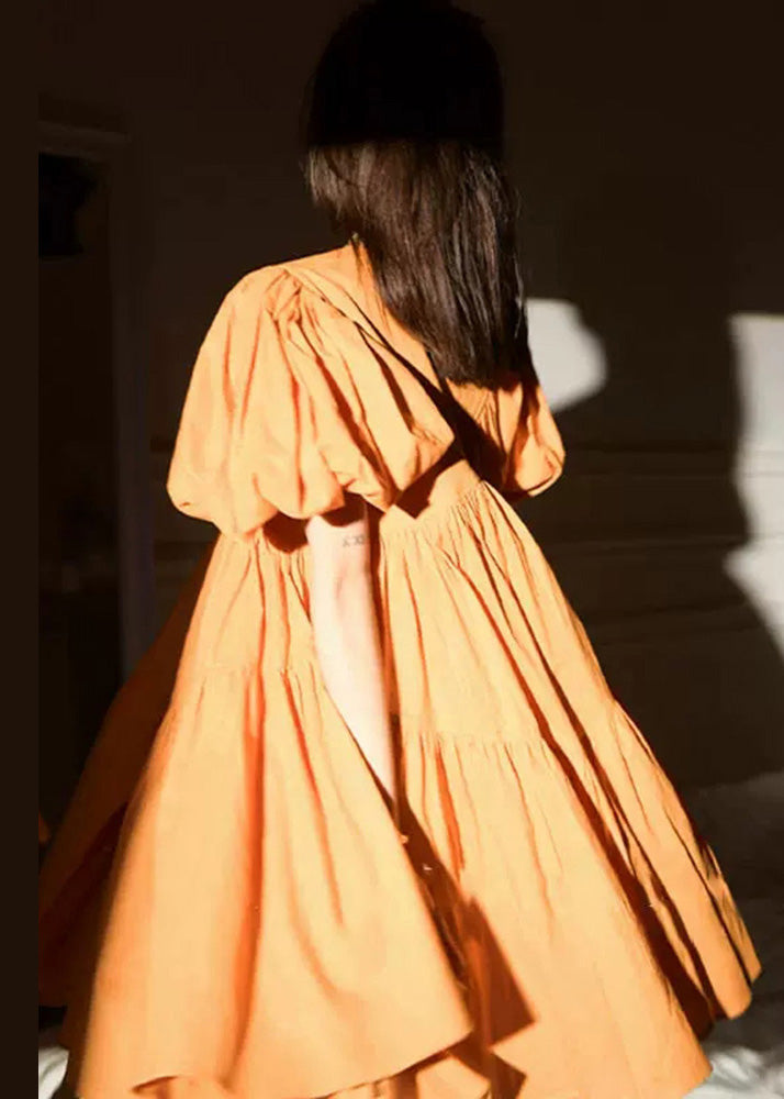 Modern Orange Oversized Patchwork Wrinkled Cotton Mid Dress Lantern Sleeve Ada Fashion