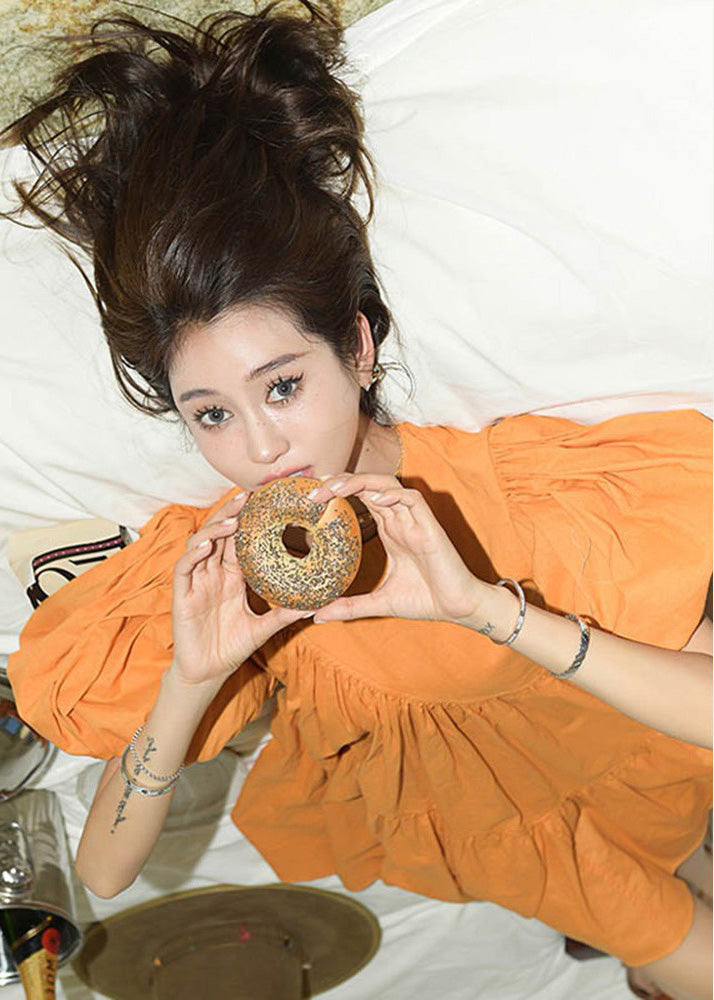 Modern Orange Oversized Patchwork Wrinkled Cotton Mid Dress Lantern Sleeve Ada Fashion