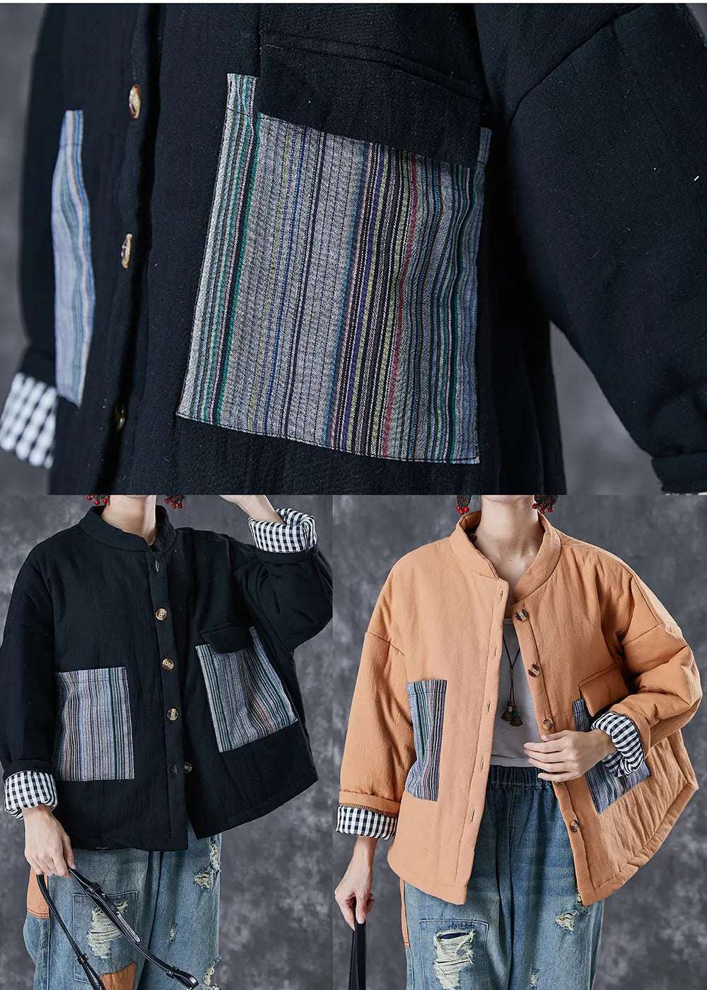Orange Patchwork Fine Cotton Filled Puffer Jacket Oversized Pockets Winter Ada Fashion