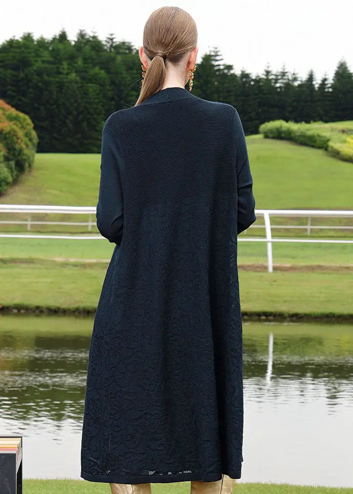 Organic Navy V Neck Patchwork Jacquard Wool Knit Cardigans Fall Ada Fashion