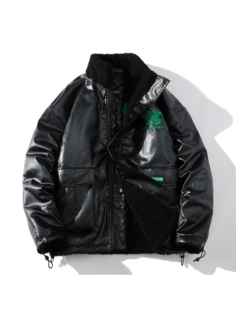 Winter Letter Embroidery Double-sided Men's Leather Coat QQ25
