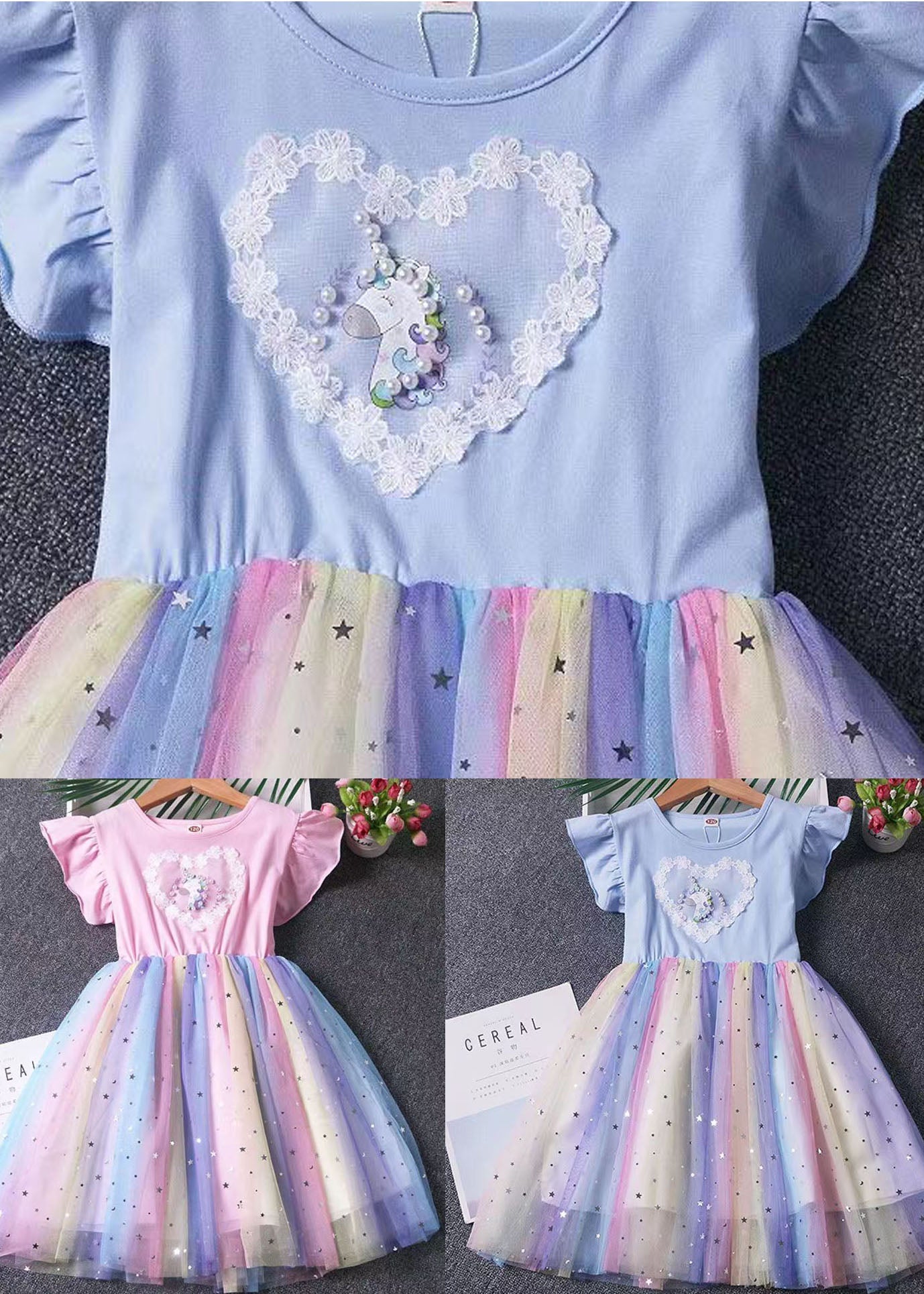 Rosa Patchwork Tüll Baby Mädchen Kleid Pony Pailletten Faltig Sommer