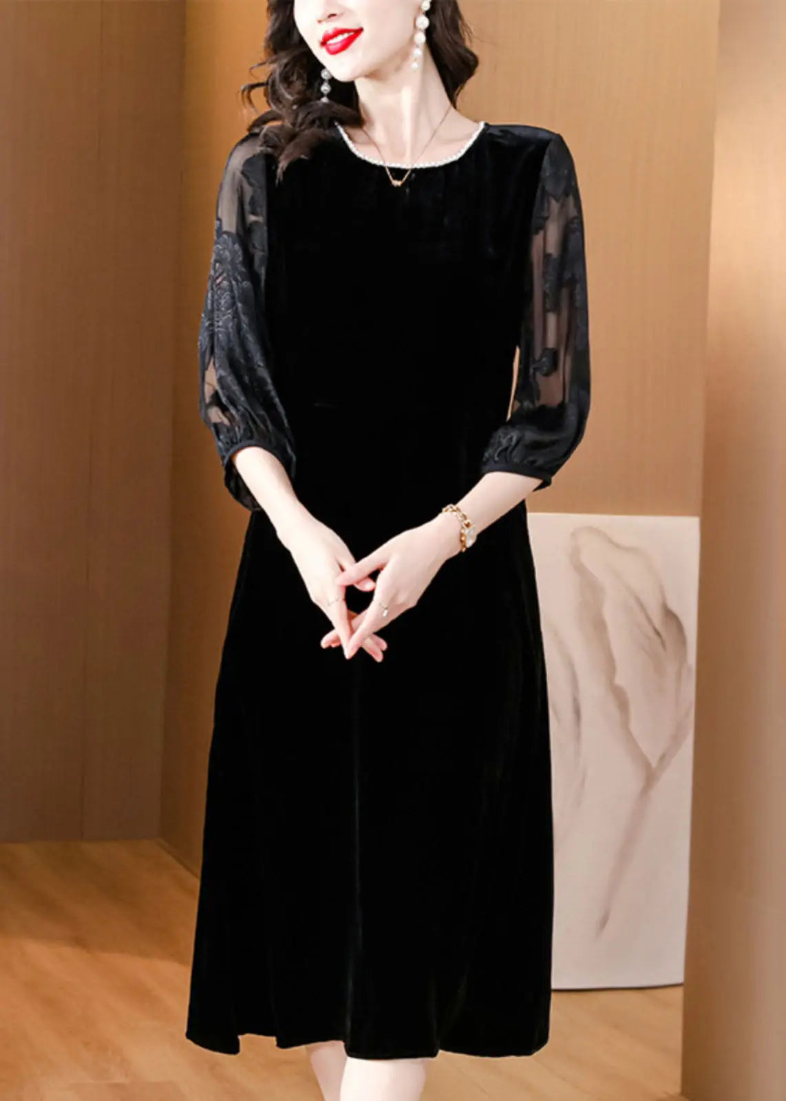 Plus Size Black O-Neck Embroidered Tulle Patchwork Silk Maxi Dresses Fall Ada Fashion