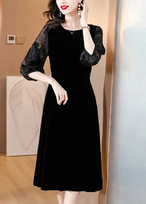 Plus Size Black O-Neck Embroidered Tulle Patchwork Silk Maxi Dresses Fall Ada Fashion