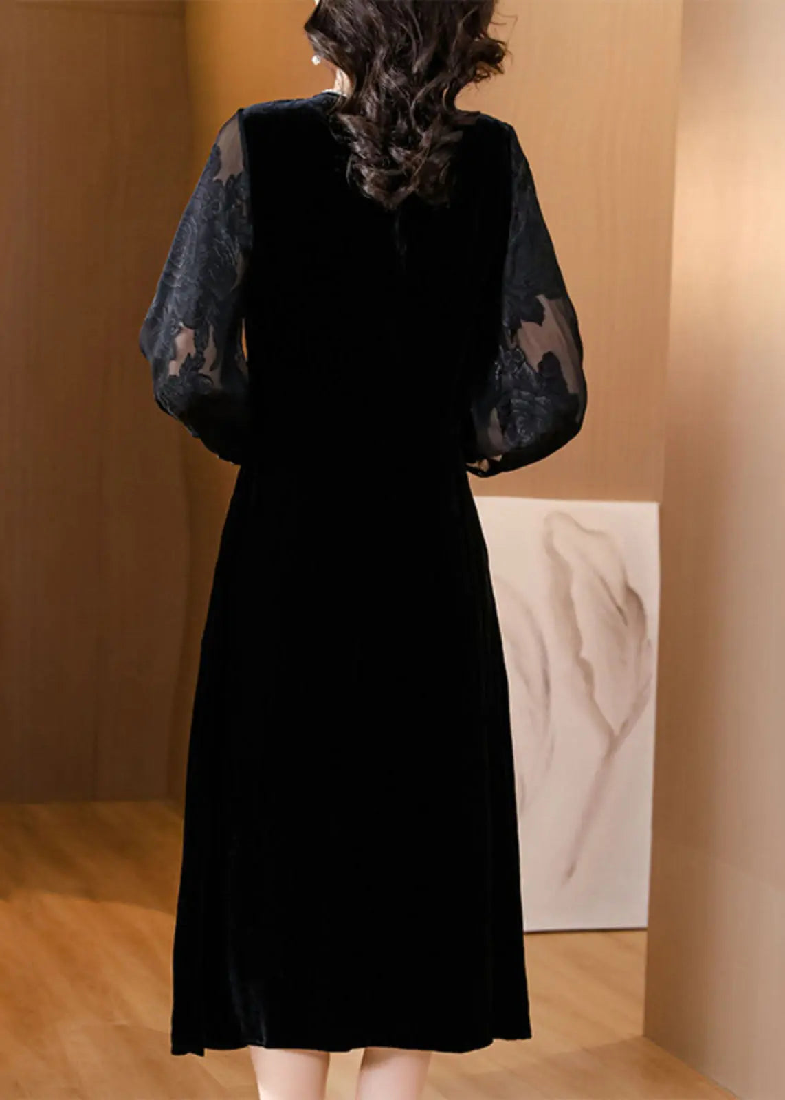 Plus Size Black O-Neck Embroidered Tulle Patchwork Silk Maxi Dresses Fall Ada Fashion