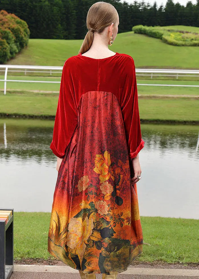Plus Size Red Silk Velour Patchwor Print Long Dresses Long Sleeve Ada Fashion