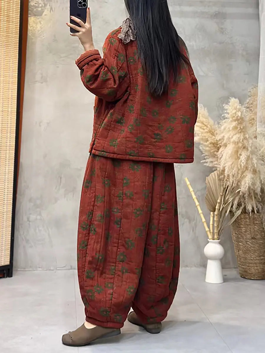 Plus Size Women Vintage Flower Cotton Padded Pants Ada Fashion