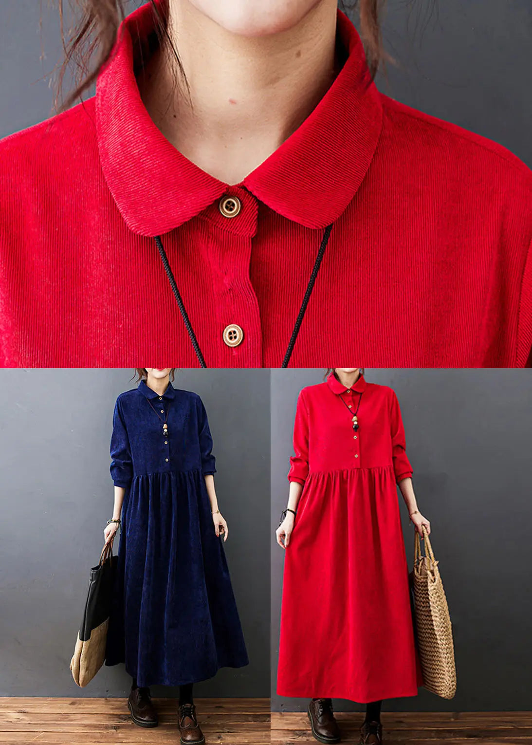 Red Drawstring Button Corduroy Holiday Long Dress Long Sleeve Ada Fashion
