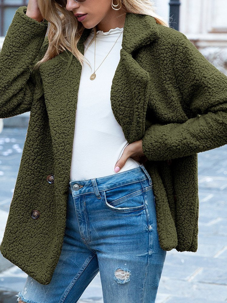 Women Casual Long Sleeve Shawl Collar Basic Fleece Teddy Bear Jacket Coat QL92