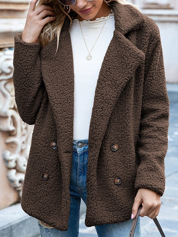 Women Casual Long Sleeve Shawl Collar Basic Fleece Teddy Bear Jacket Coat QL92