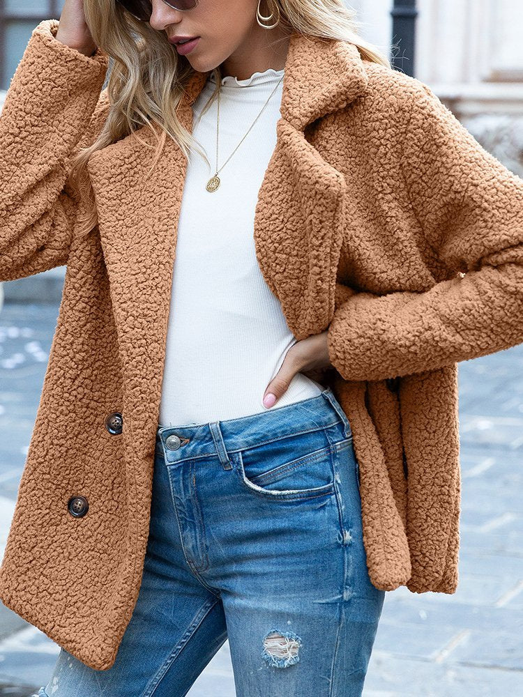 Women Casual Long Sleeve Shawl Collar Basic Fleece Teddy Bear Jacket Coat QL92