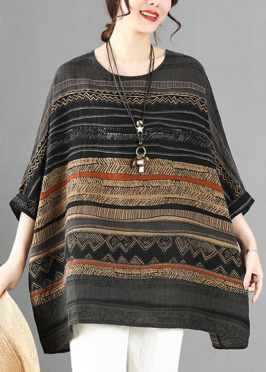 Simple Grey Oversized Striped Linen Top Batwing Sleeve Ada Fashion