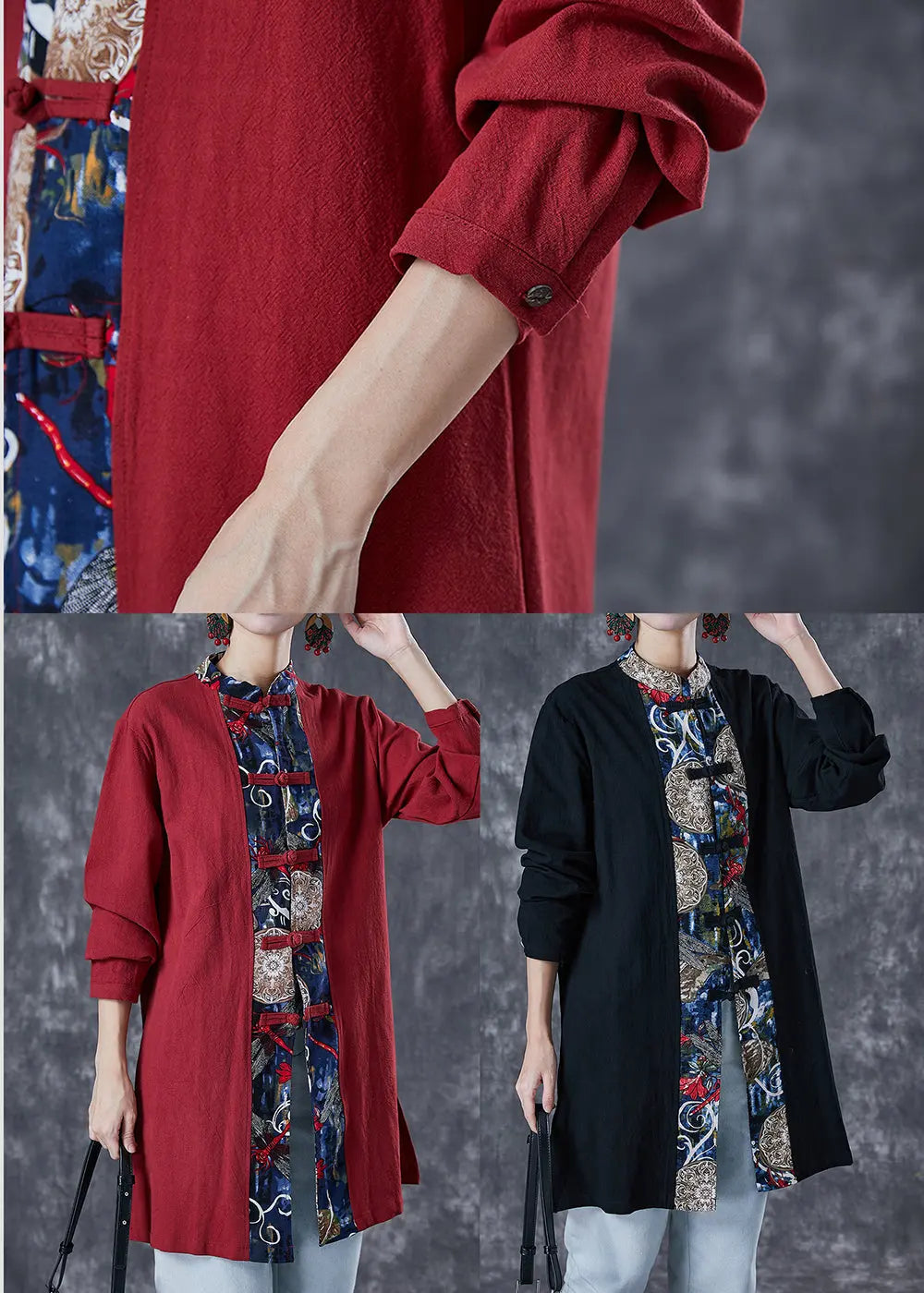 Style Red Oversized Patchwork Chinese Button Cotton Shirt Fall Ada Fashion