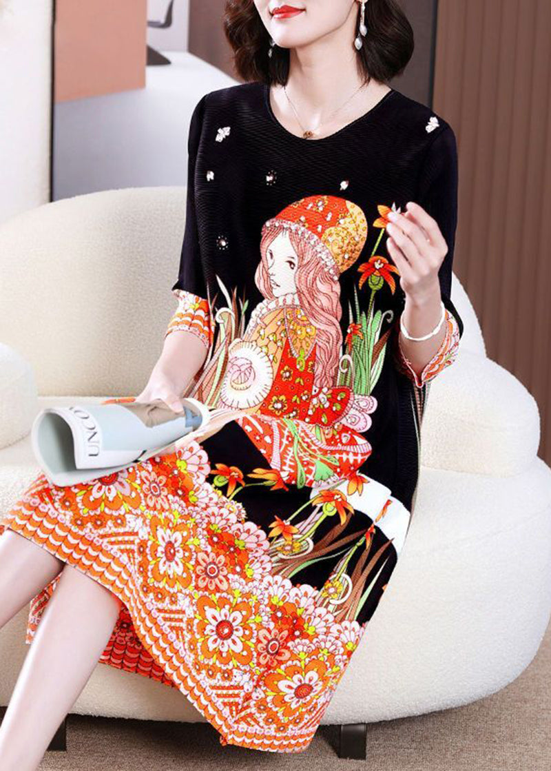Stylish Black O-Neck Character Print Wrinkled Mid Dress Bracelet Sleeve LY2765