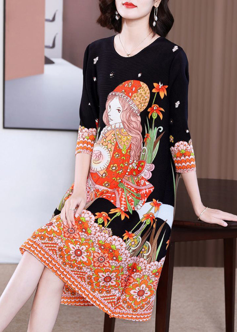 Stylish Black O-Neck Character Print Wrinkled Mid Dress Bracelet Sleeve LY2765