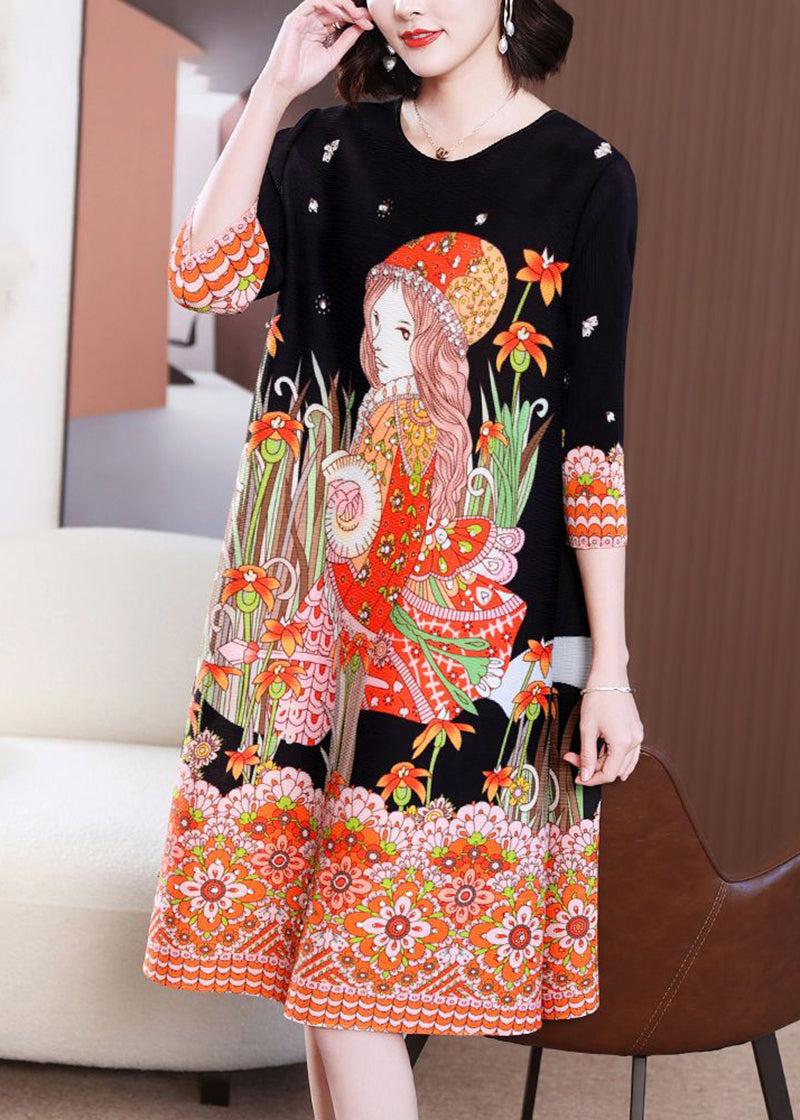 Stylish Black O-Neck Character Print Wrinkled Mid Dress Bracelet Sleeve LY2765