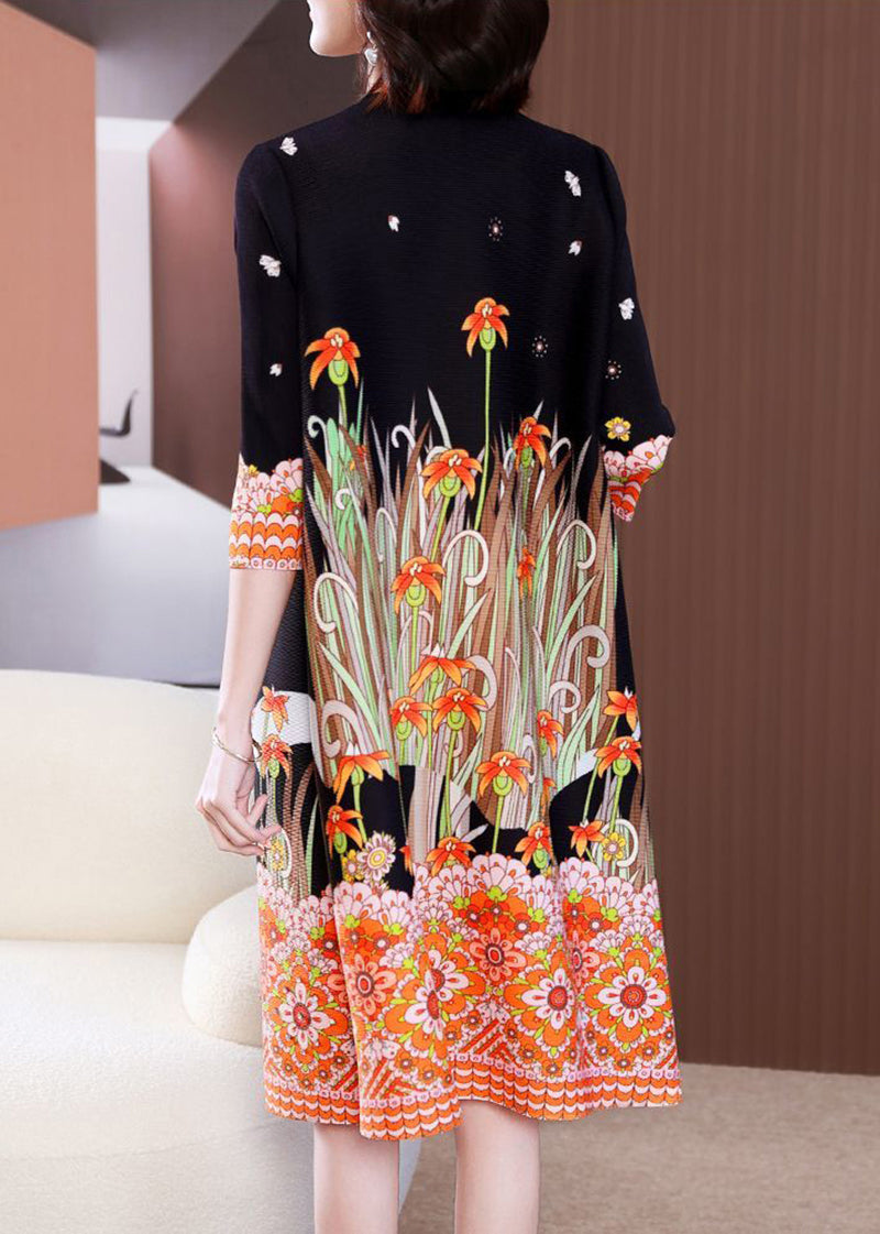 Stylish Black O-Neck Character Print Wrinkled Mid Dress Bracelet Sleeve LY2765