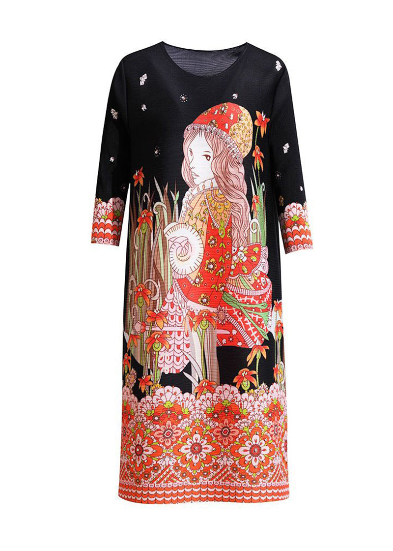 Stylish Black O-Neck Character Print Wrinkled Mid Dress Bracelet Sleeve LY2765