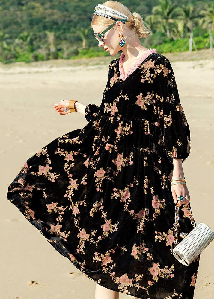 Unique Black O-Neck Print Patchwork Silk Velour Maxi Dress Long Sleeve Ada Fashion