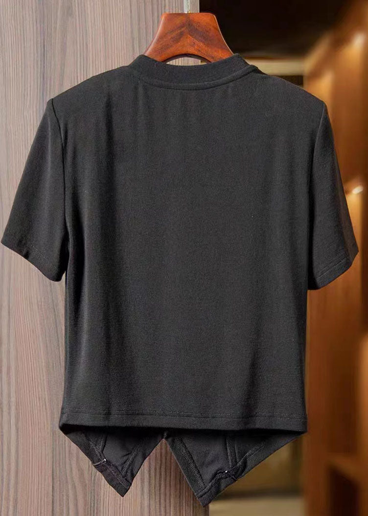 Vintage Black Asymmetrical Chinese Button Patchwork Cotton T Shirts Tops Summer Ada Fashion