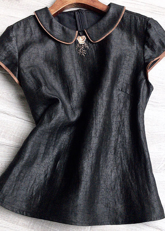 Vintage Black Peter Pan Collar Embroideried Silk Tops Summer AH526