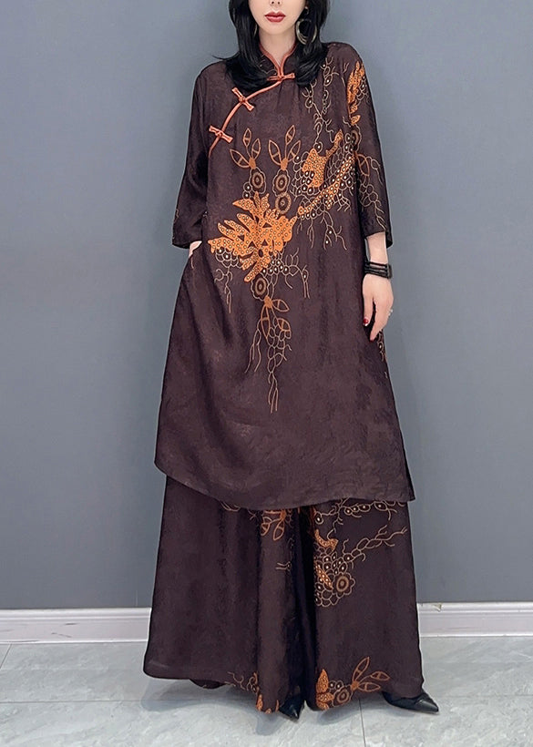 Ensemble deux pièces vintage marron à col montant et pantalon à jambes larges