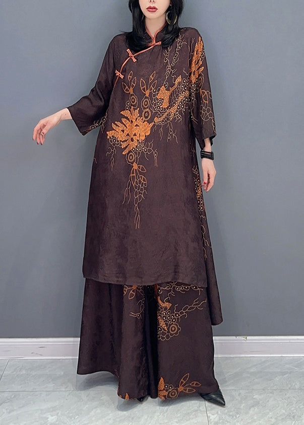 Ensemble deux pièces vintage marron à col montant et pantalon à jambes larges