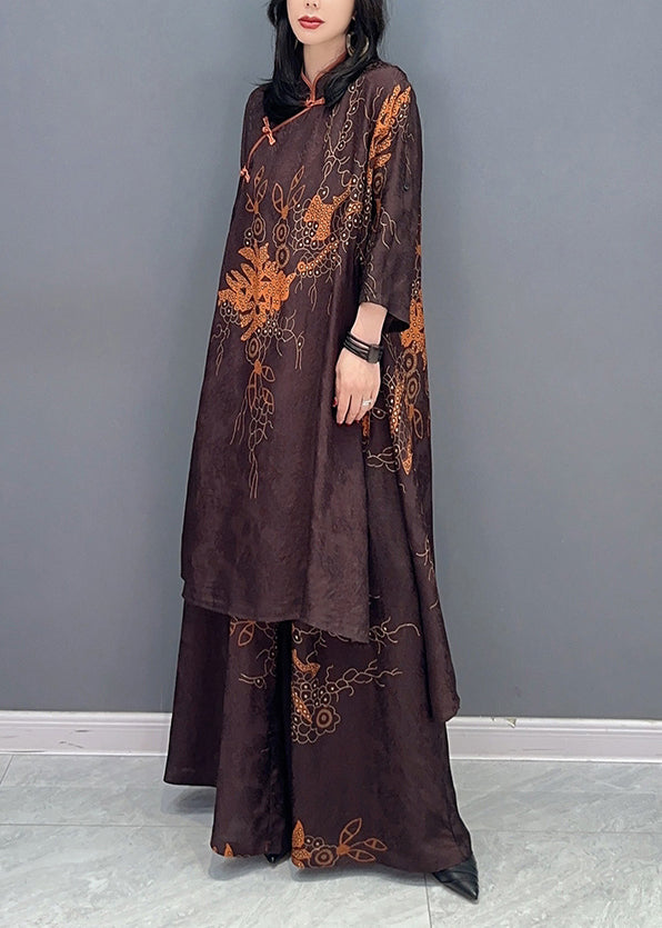 Ensemble deux pièces vintage marron à col montant et pantalon à jambes larges