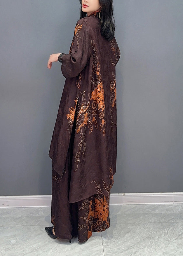 Ensemble deux pièces vintage marron à col montant et pantalon à jambes larges