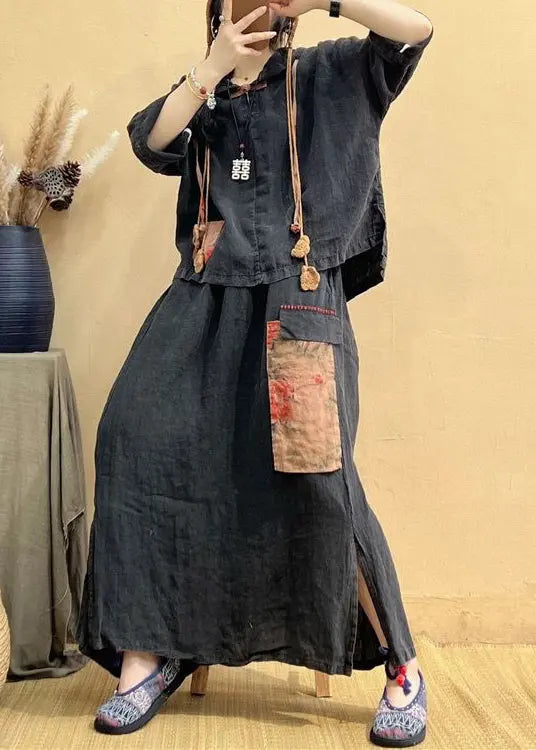 Vintage Coffee Hooded Patchwork Tops And Skirts Cotton Two Pieces Set Summer Ada Fashion