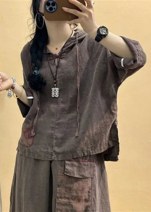Vintage Coffee Hooded Patchwork Tops And Skirts Cotton Two Pieces Set Summer Ada Fashion