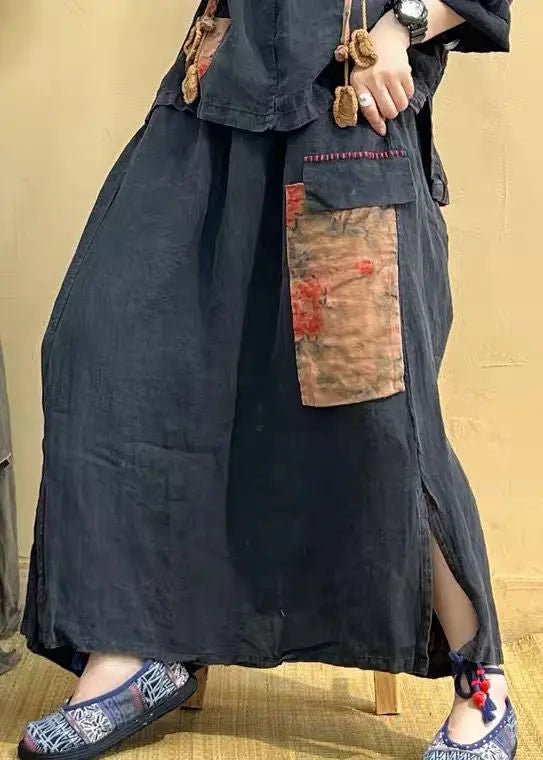 Vintage Coffee Hooded Patchwork Tops And Skirts Cotton Two Pieces Set Summer Ada Fashion