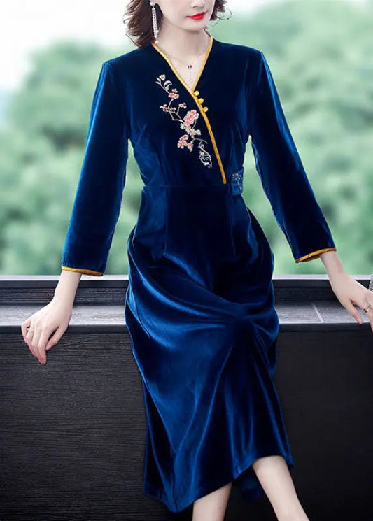 Vintage Dark Blue V Neck Embroidered Floral Silk Velour Holiday Dress Long Sleeve Ada Fashion