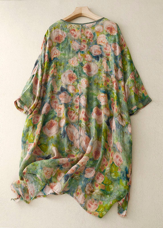 Vintage Green O Neck Print Patchwork Linen Mid Dress Bracelet Sleeve Ada Fashion