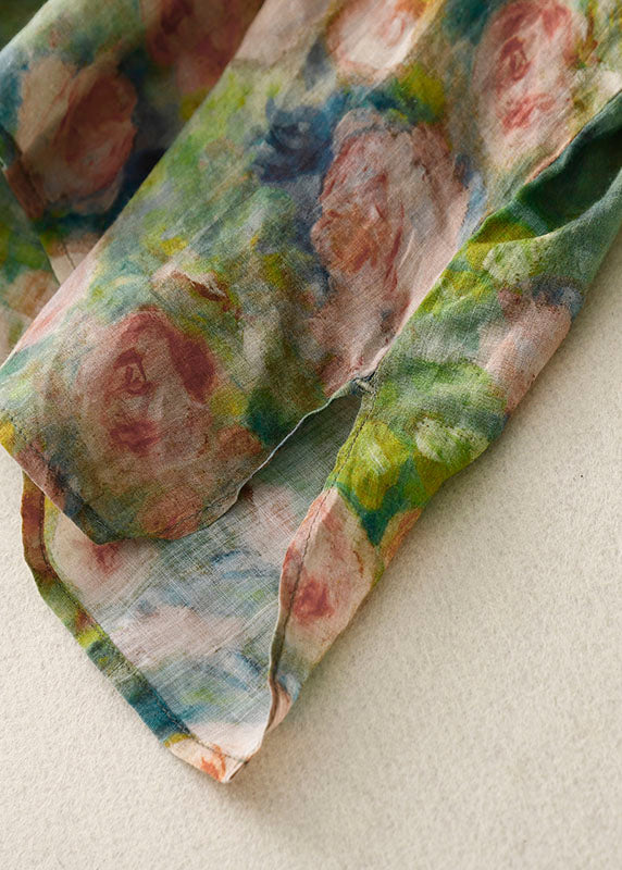 Vintage Green O Neck Print Patchwork Linen Mid Dress Bracelet Sleeve Ada Fashion