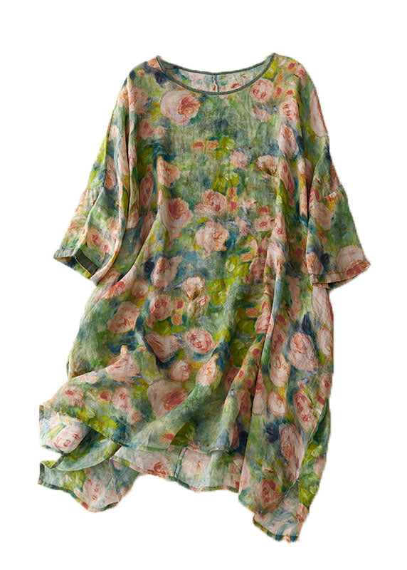 Vintage Green O Neck Print Patchwork Linen Mid Dress Bracelet Sleeve Ada Fashion