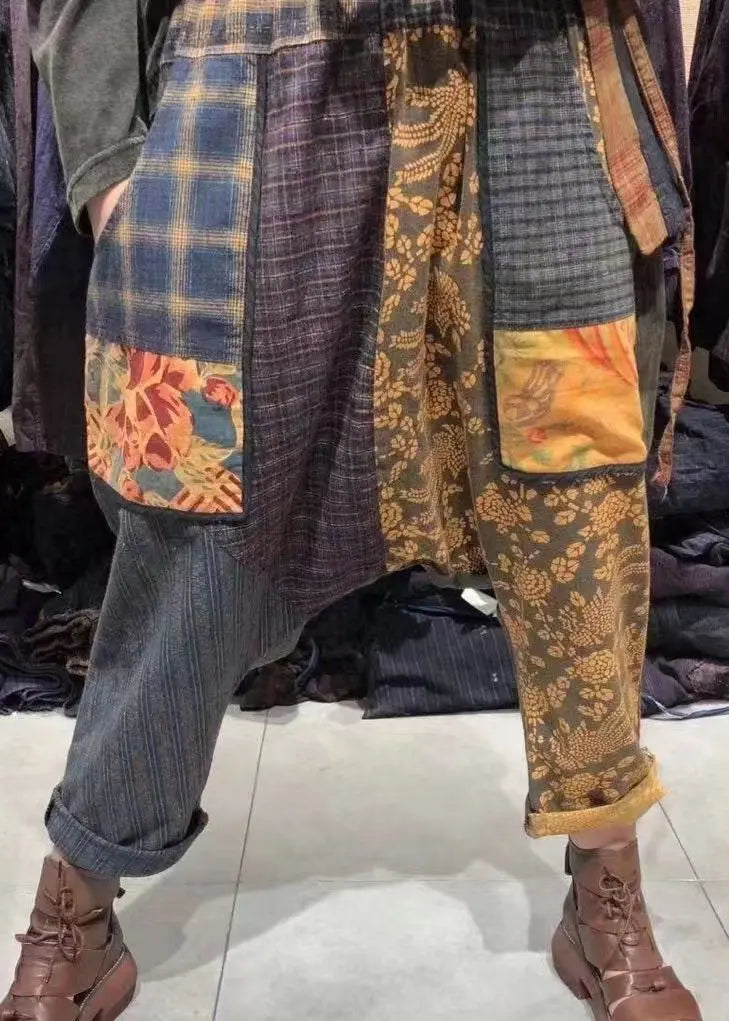 Vintage Plaid Pockets Elastic Waist Patchwork Cotton Harem Pants Fall Ada Fashion