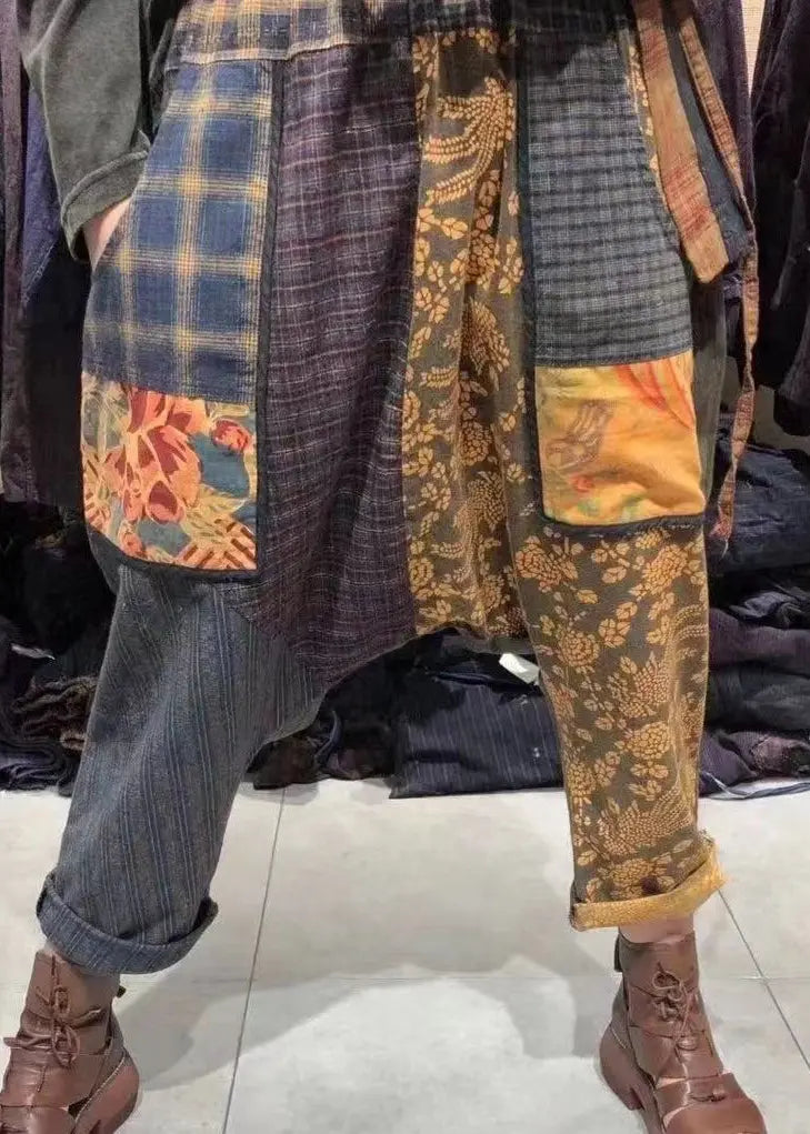 Vintage Plaid Pockets Elastic Waist Patchwork Cotton Harem Pants Fall Ada Fashion