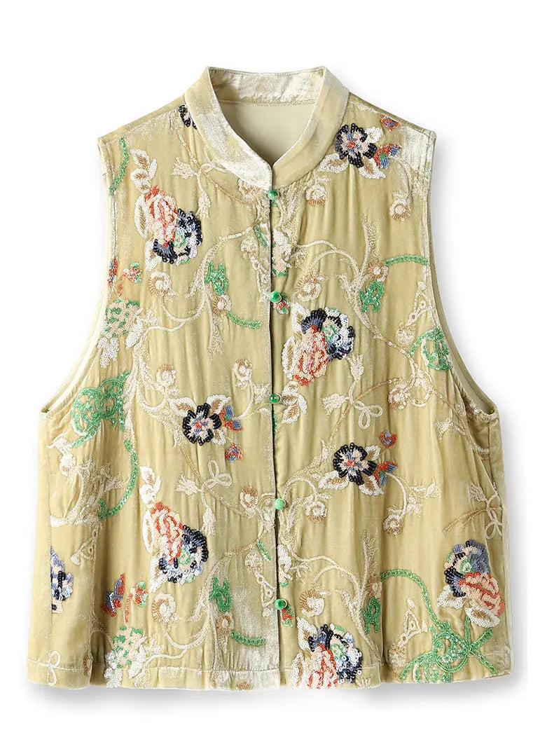 Vintage Yellow Embroidered Button Patchwork Silk Velour Waistcoat Sleeveless Ada Fashion