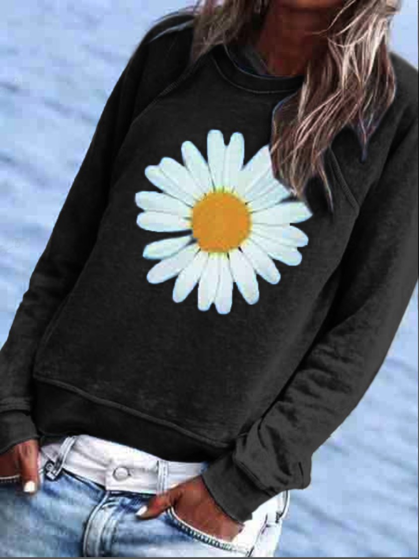 Sweat-shirt à capuche et col rond à imprimé floral pour femme QAL23