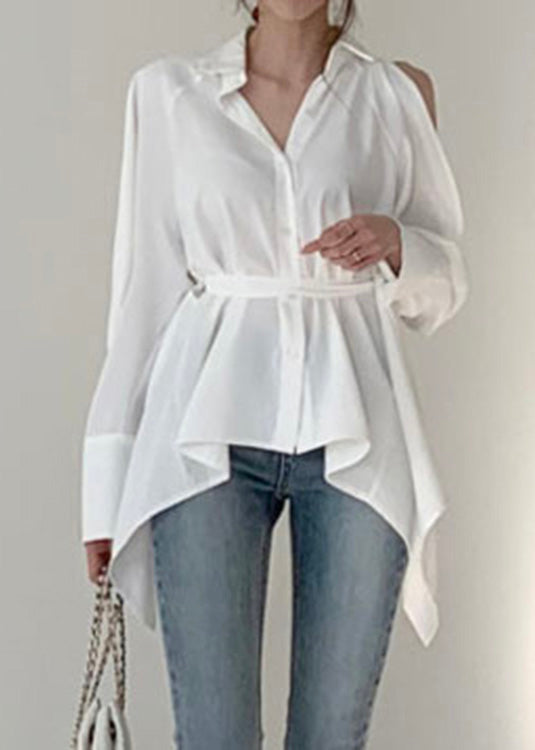 White Tie Waist Tunic Shirts Long Sleeve LY0359