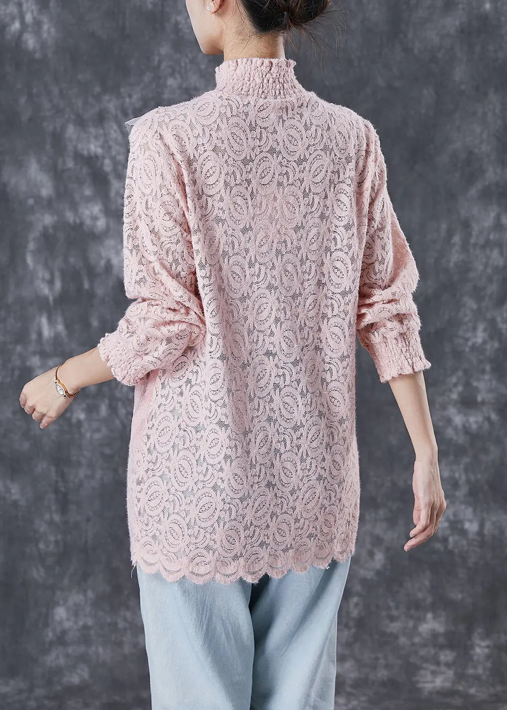 Women Pink High Neck Patchwork Lace Velour Shirts Winter Ada Fashion