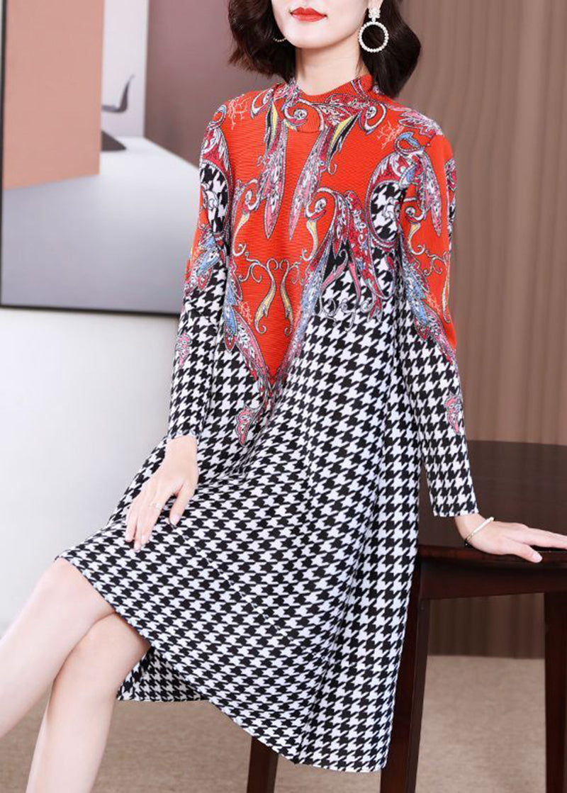 Women Red High Neck Plaid Wrinkled A Line Dress Spring LY2767