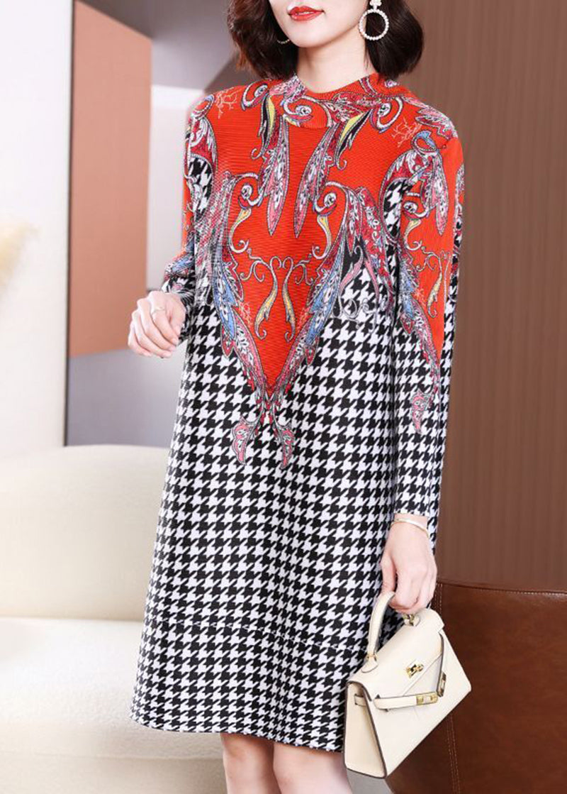 Women Red High Neck Plaid Wrinkled A Line Dress Spring LY2767