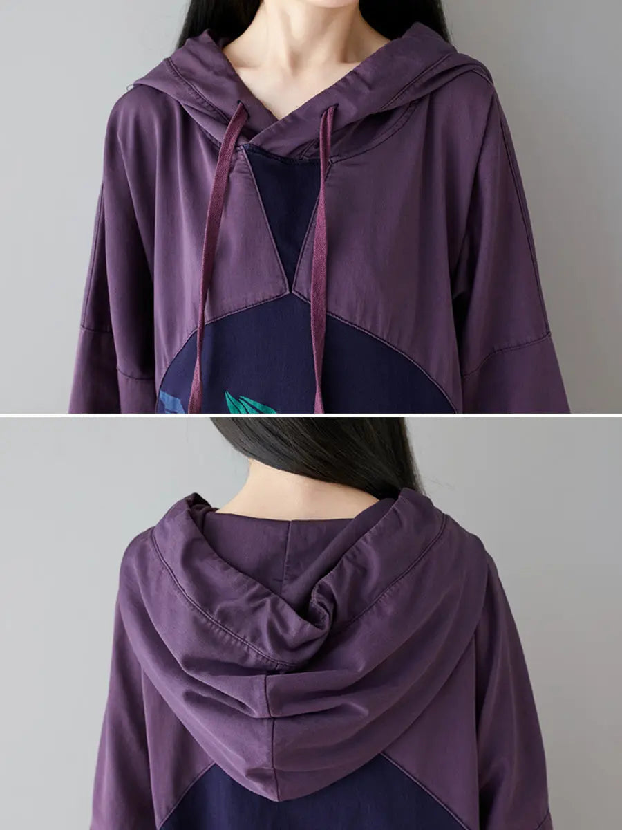 Women Retro Flower Print Colorblock Hooded Sweatshirt Ada Fashion