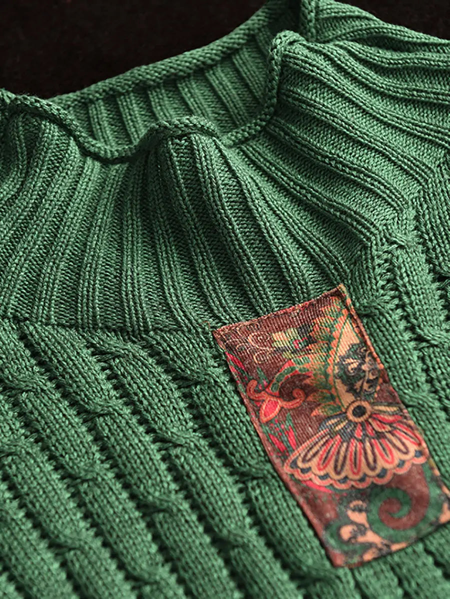 Women Retro Patch Spliced Knitted Turtleneck Sweater Ada Fashion