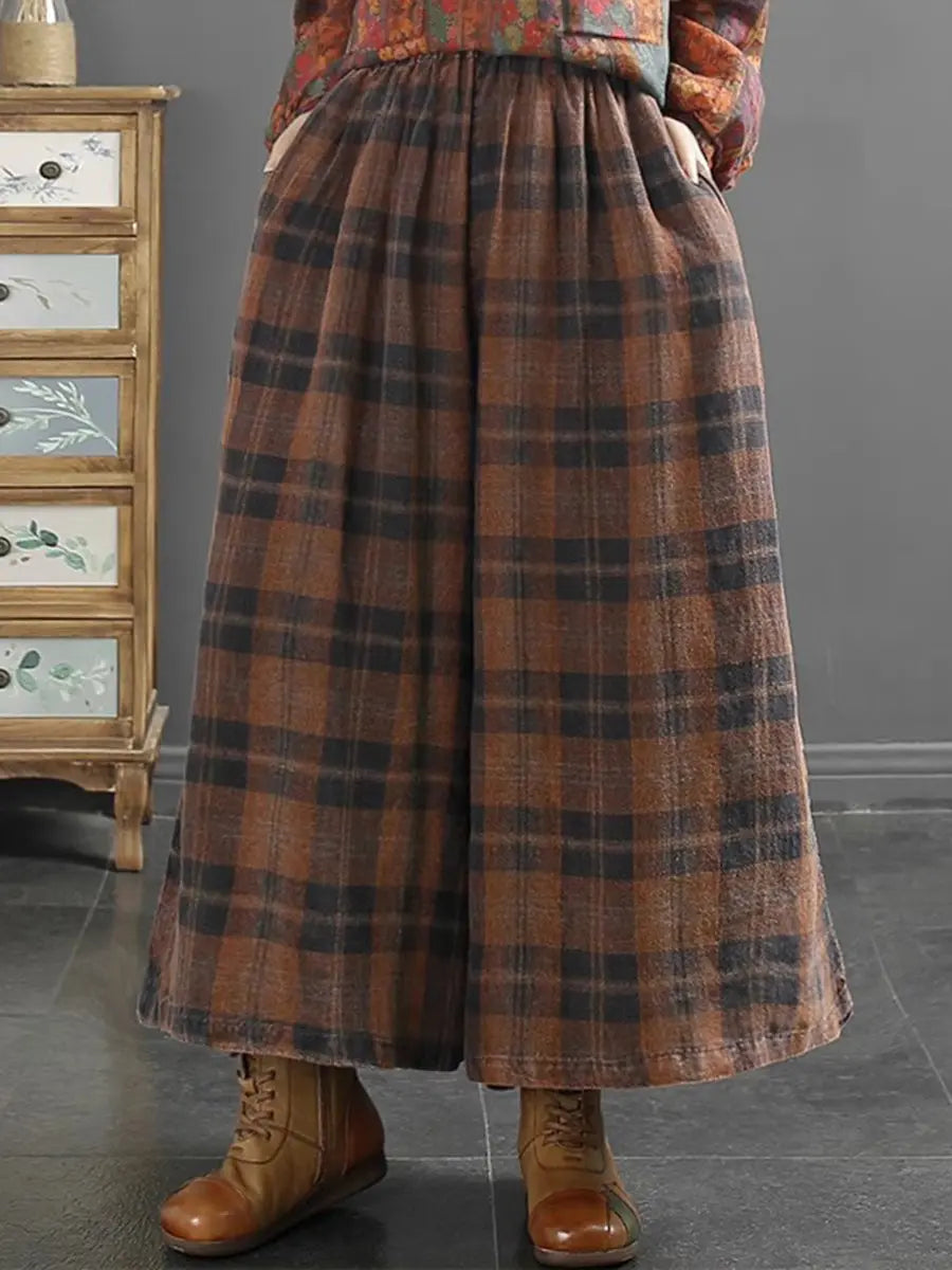 Women Retro Plaid Spring Linen Wide-leg Pants Ada Fashion