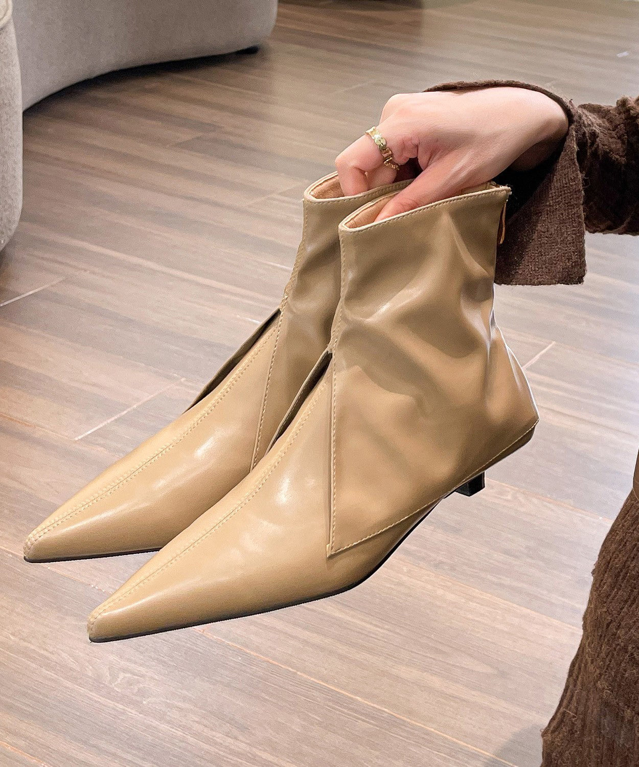 Ankle Boots Khaki Faux Leather Pointed Toe AH559