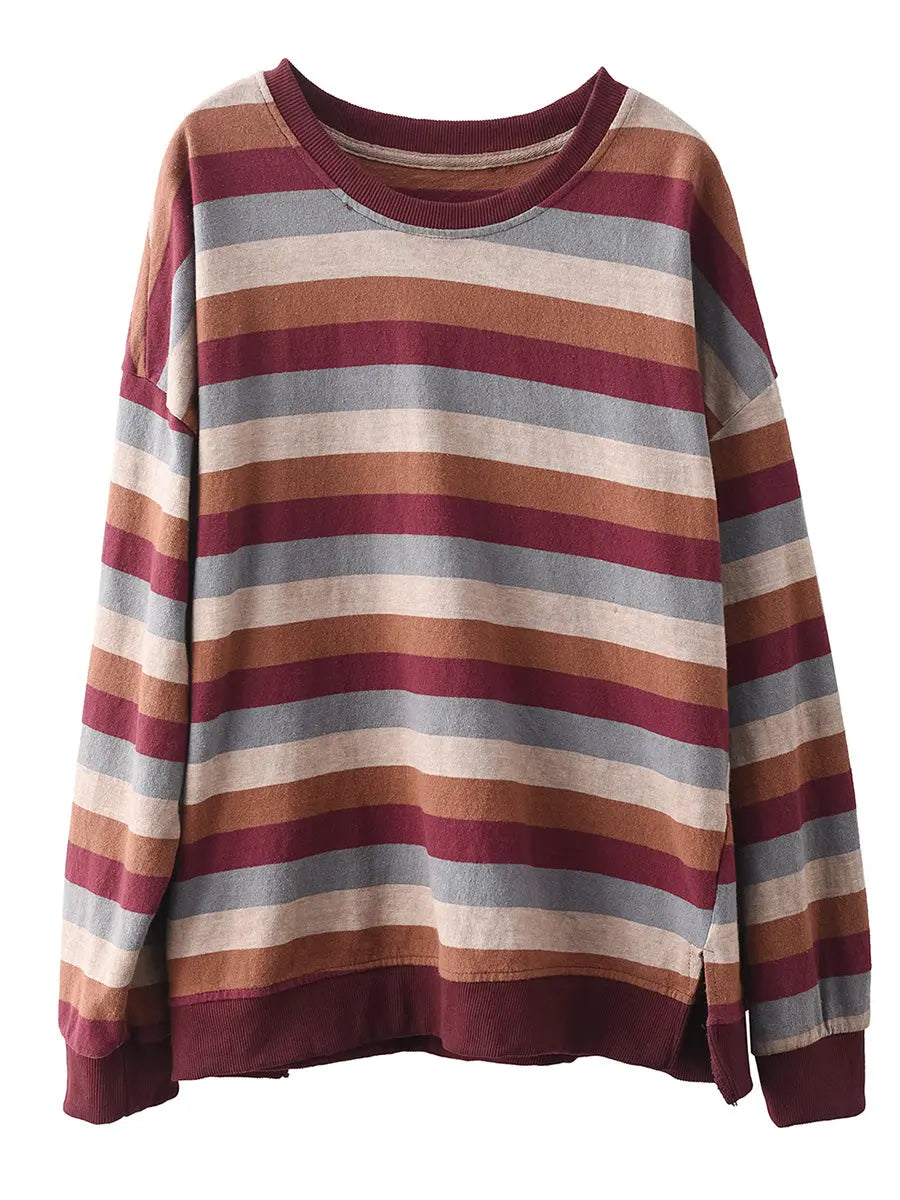 Women Spring Colorblock Stripe O-Neck Shirt Ada Fashion
